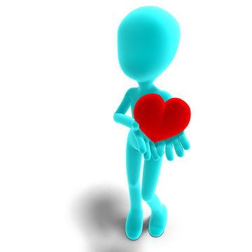 symbolic 3d male toon character holds his heart in his hands. 3D