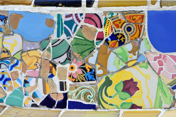 Gaudi mosaic in Guell park, close-up
