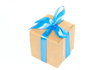 Package box with blue ribbon