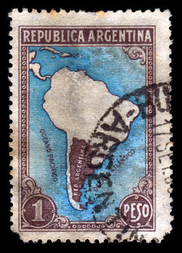 Old vintage Argentinian postage stamp showing a map of Argentina