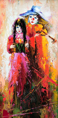 Fototapeta na wymiar Clown ze skrzypcami i dziewczyny z akordeonem