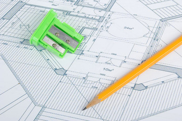 sharpener & pencil and blueprint