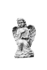 small statue of an angel playing harp - with clipping path