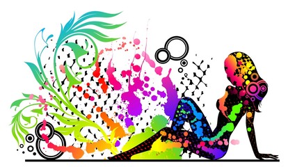 Grunge banner with silhouettes of girls and blots.