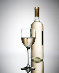 Bicchiere di vino bianco con bottiglia