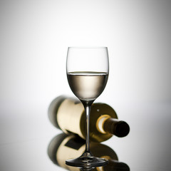 Bicchiere di vino bianco con bottiglia