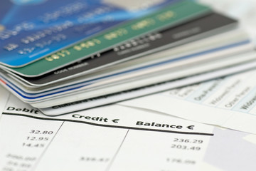 credit cards on bank invoice. very shallow DOF