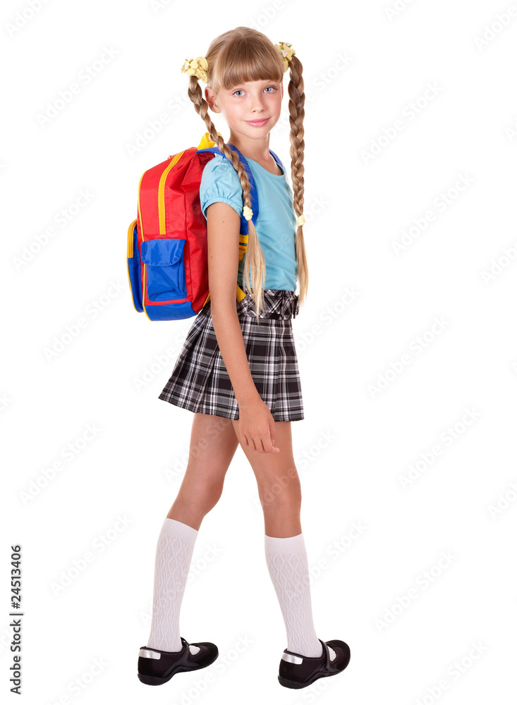 Wall mural school girl in uniform with backpack.