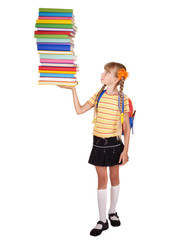 Schoolgirl with backpack holding pile of books.