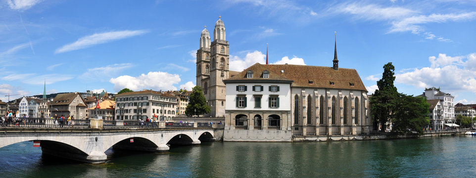 Grossmuenster church and City Hall in Zurich downtown