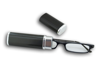 Glasses in dark case on white background