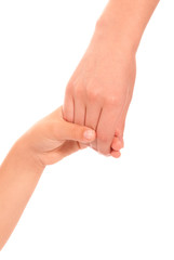 young woman and children girl handshake isolated on white