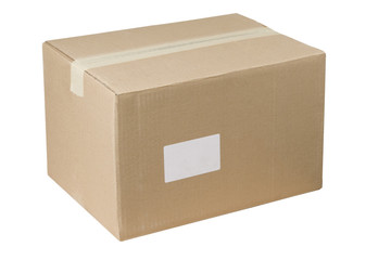 closed shipping cardboard box whit white empty label