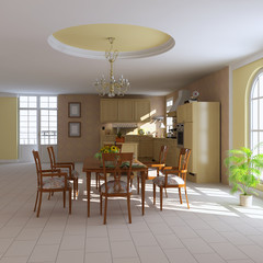 3d render classic dining room and kitchen