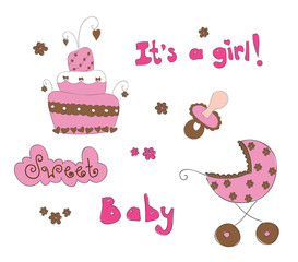Baby elements for girl. Hand drawn vector illustration