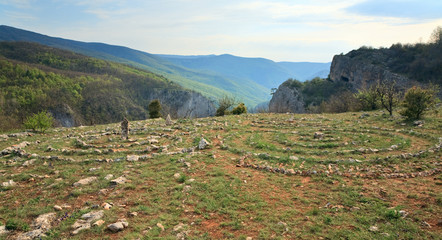 Concentric stone circles on spring plateau