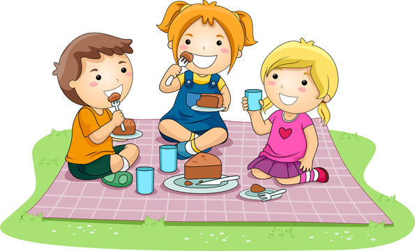 kids picnic eating cake on checkered blanket clip art preview