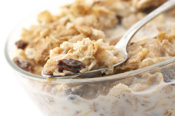 Muesli with milk close-up