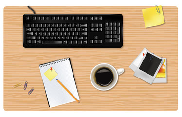 Black keyboard and office supplies. Vector.