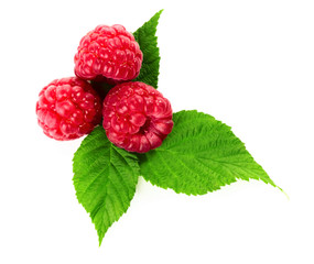 Ripe raspberry with green leaves over white
