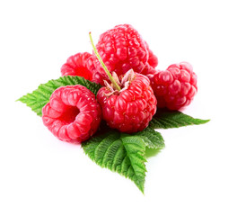 Raspberry with green leaves isolated on white