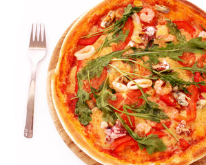 Pizza and fork isolated on white