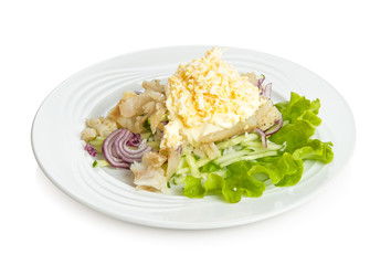 Japanese salad with zander, rice, cucumbers, onion and eggs
