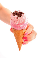 Strawberry  ice cream  with chocolate  in a sugar cone on white