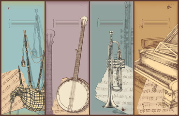 Fototapeta premium music theme banners-bagpipe, banjo, trumpet, piano