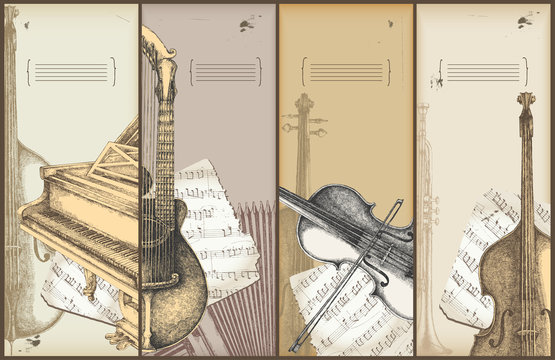 music theme banners - piano, violin, bass, harp-guitar