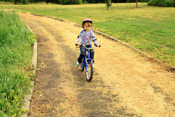 a little girl rides a bike in the park