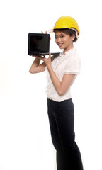 a young girl contractor hold laptop