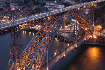 D. Luis Iron Bridge in Porto illuminated at dusk, Portugal