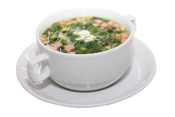 ssian kvass soup with chopped vegetables and meat isolated on wh