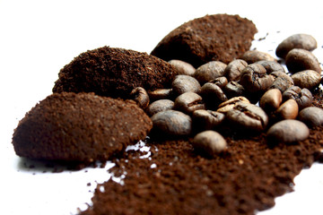 Coffee grains on the white