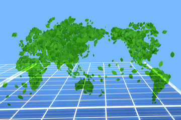 ソーラーパネルと葉っぱの世界地図