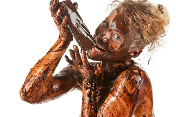 Badkamer foto achterwand naked blond girl eating chocolate © Igor Borodin