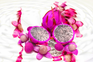 dragon fruit and two half with open litchi