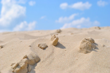 Fototapeta na wymiar Sea yellow clean sand on background blue sky.