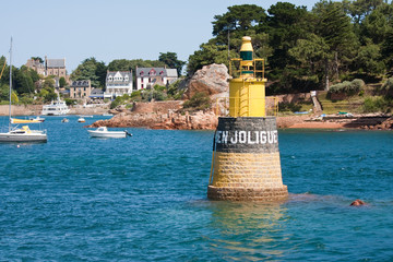 Harbor with signposting of Island of Brehat in Bretagne, France