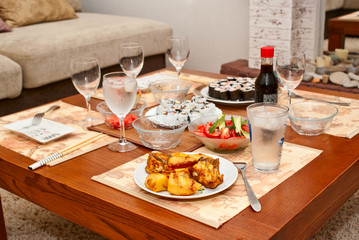 table laid with sushi