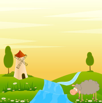 Landscape background with house and cartoon sheep