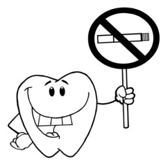 Outlined Smiling Tooth Holding Up A No Smoking Sign