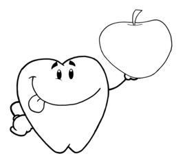 Outlined Tooth Cartoon Character Holding Up A Apple
