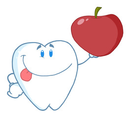 Smiling Tooth Cartoon Character Holding Up A Apple