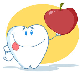 Smiling Tooth Cartoon Mascot Character Holding Up A Apple