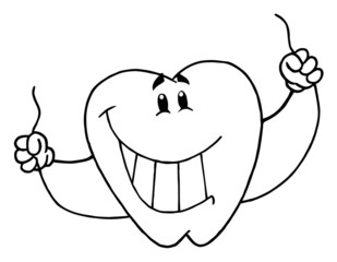 Outlined Tooth Cartoon Mascot Character With Floss