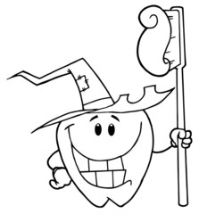 Outlined Smiling Halloween Tooth With Toothbrush