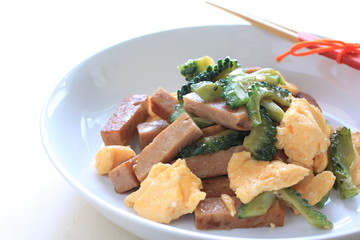 luncheon meat and bitter melon stir fry for asian food image