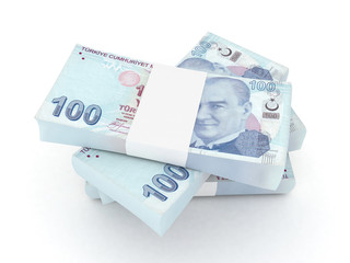 100 Turkish lira bills 3d rendered